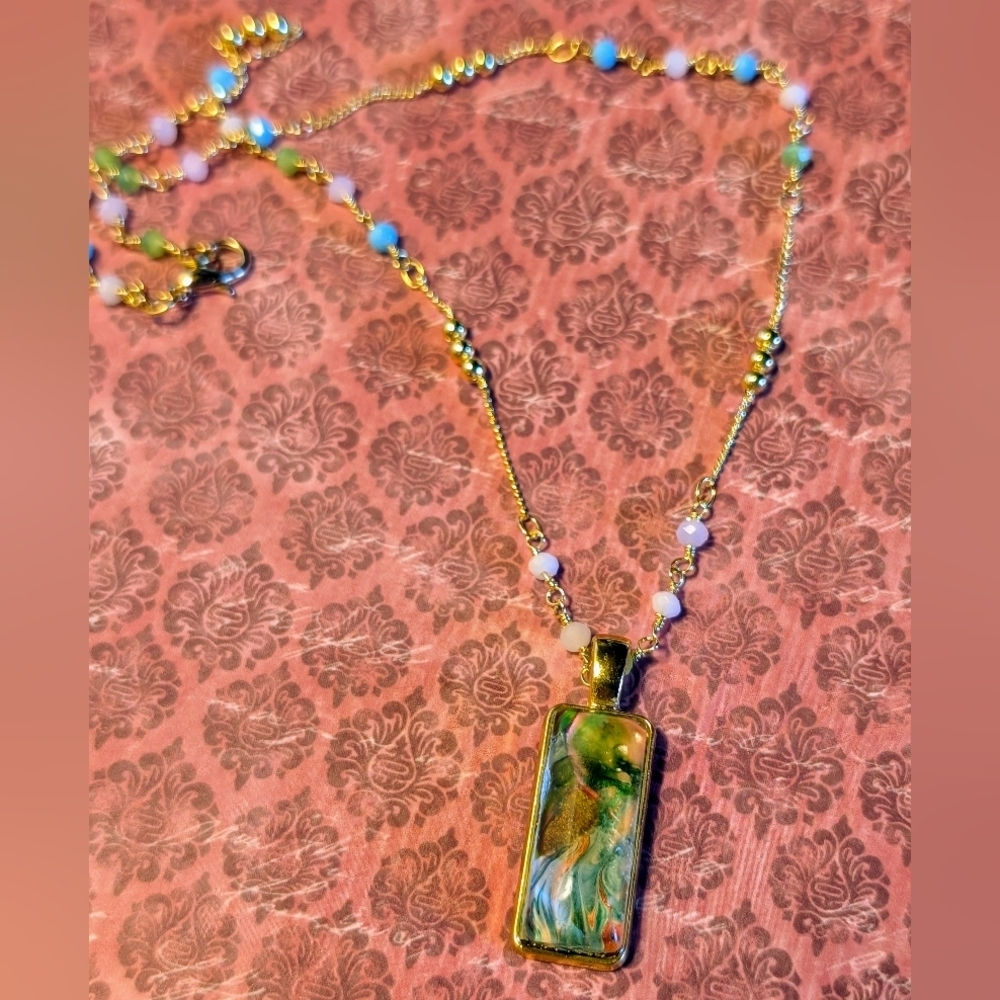 Handmade dainty gold and green fluid art pendant necklace